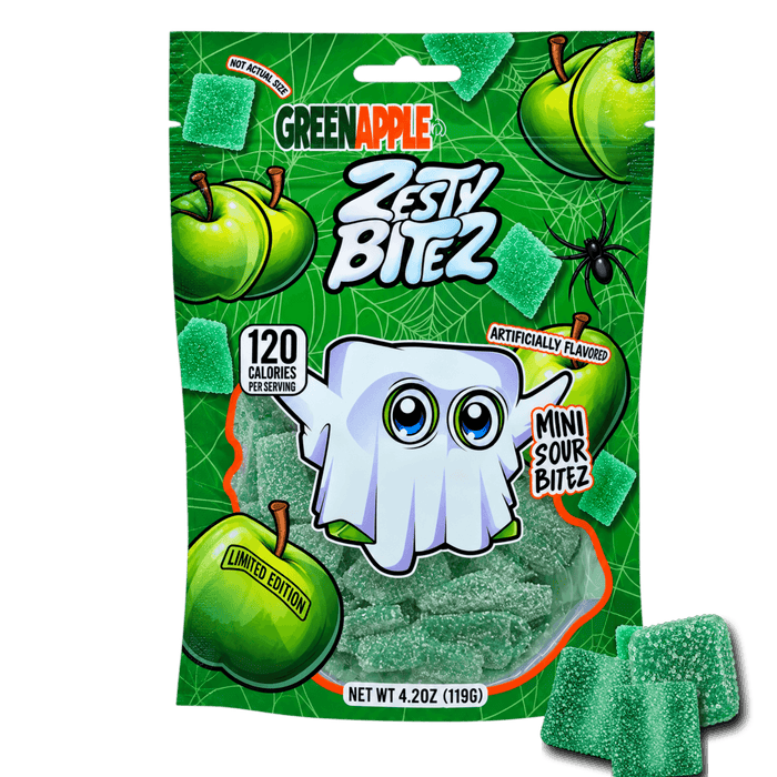 Green Apple Zesty Bitez limited edition bag with green sour candies