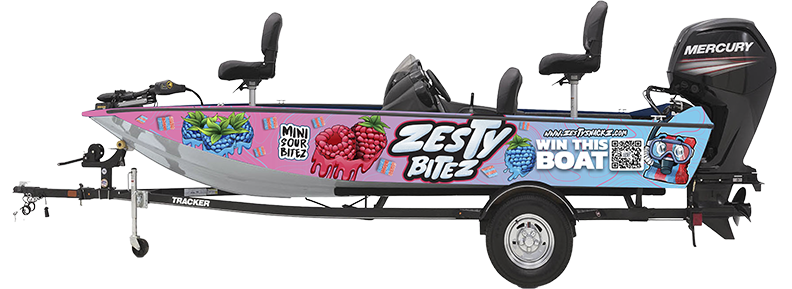 The Zesty Snackz wrapped Tracker bass boat